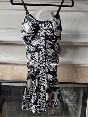 VINTAGE Maggy London 1990's Black & White Print Ruched Mini Dress Size S